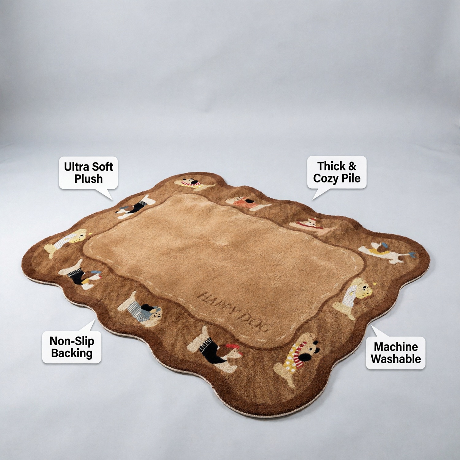 Dog-print plush mat listing infographic with feature callouts